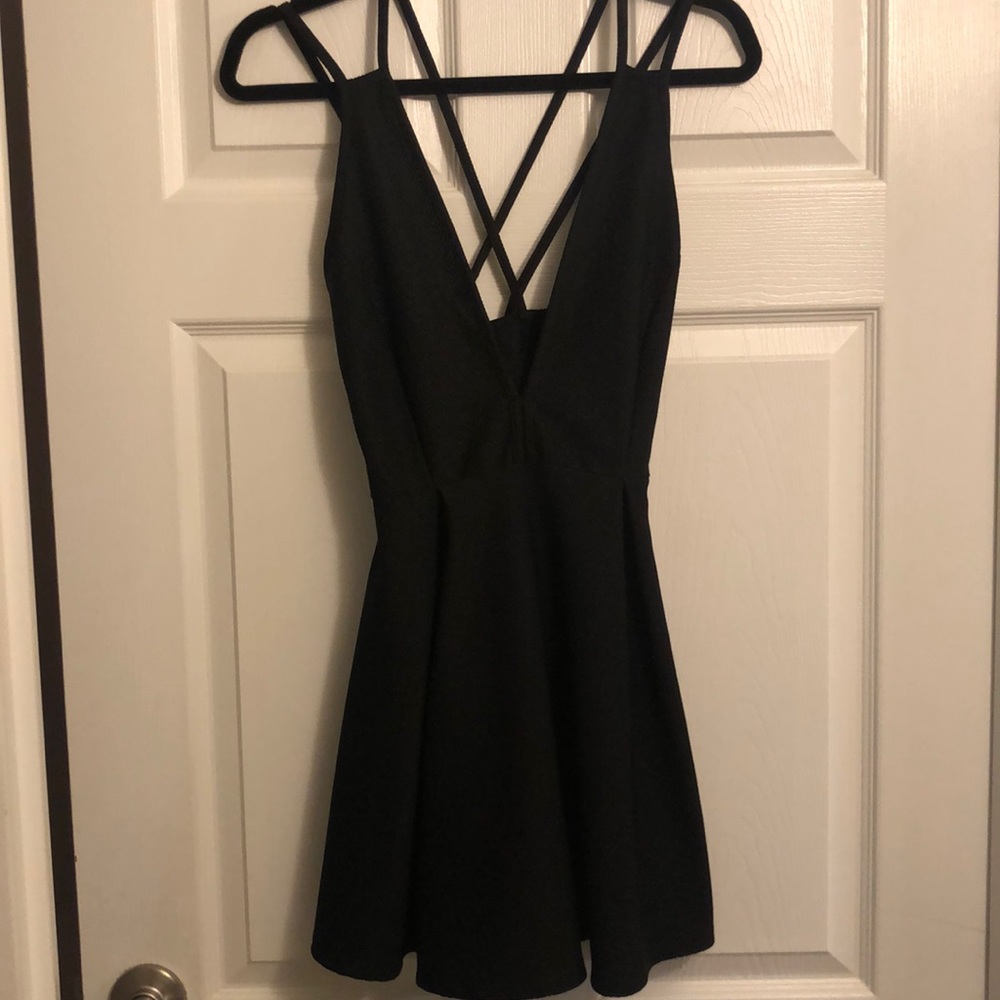 M mini black skater dress deep v